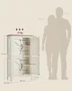 A white cabinet with wooden top, with human silhouettes to show scale, and dimensions of the cabinet. Náhled obrázku produktu