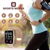 A woman is running outdoors, wearing a smartwatch and an armband phone holder. Several icons representing sports modes are displayed. Produktbild-Vorschau