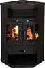 A black corner fireplace with glass doors showing a fire. Anteprima dell’immagine prodotto