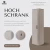 A tall, narrow cabinet with a fluted front and a single door is shown against a light background with text and detail images. Produktbild-Vorschau