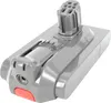 A close-up studio shot of a gray vacuum cleaner battery with a red release button. Voir les images du produit