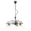 A black chandelier with three white glass shades, suspended by a chain against a white background. Produktbild-Vorschau