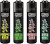 Four black Clipper lighters with different cannabis strain designs. Produktbild-Vorschau