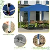 Collage of images showing details of a blue pop-up gazebo, including its structure, adjustable height mechanism, fabric connection, and sturdy leg. Produktbild-Vorschau