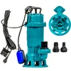 A teal submersible pump with a black power cord and a blue float switch is displayed against a white background. Several black hose adapters are also shown. Podgląd zdjęcia produktu
