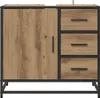 A product shot of a bathroom cabinet with a wooden finish and black metal frame. Podgląd zdjęcia produktu
