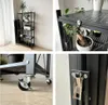 Collage of images showing a black folding shelf unit with wheels. Voir les images du produit