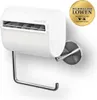 A white toilet paper holder with a silver arm, mounted on a wall. Produktbild-Vorschau