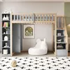 A child's loft bed with integrated storage and a beanbag chair in a room. Voir les images du produit