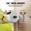 A white hose reel mounted on a wooden wall, with a hose extended and a spray nozzle attached. The image also shows a diagram illustrating the 180-degree swivel bracket. Produktbild-Vorschau