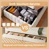 A split image comparing two storage solutions for a bed. The top shows a bed with large under-bed storage filled with items. The bottom shows a bed with drawers. Text overlays describe the storage options. Anteprima dell’immagine prodotto