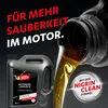 A bottle of motor oil is shown with oil being poured out, alongside text promoting its cleaning properties. Produktbild-Vorschau