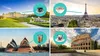 A collage of four images, each showing a famous landmark and a cup of coffee. Produktbild-Vorschau
