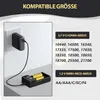 A battery charger plugged into a wall outlet, with batteries in the charger. Produktbild-Vorschau