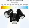 A black LED outdoor wall light with a motion sensor is shown, with a color temperature scale in Kelvin above it. Produktbild-Vorschau