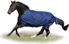 A dark-colored horse wearing a blue turnout blanket is running in a grassy field. Produktbild-Vorschau