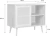 A white sideboard with a rattan door and two shelves, shown with dimensions indicated. Anteprima dell’immagine prodotto