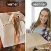 A split image showing a damaged cardboard box on the left and a woman happily holding a new, intact cardboard box on the right. Produktbild-Vorschau