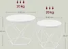Two white round tables with geometric bases are shown with dimensions and weight capacity indicated. Produktbild-Vorschau