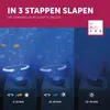 A marketing image showing a three-step process for using a children's sleep projector, with illustrations of fish and musical notes. Produktbild-Vorschau