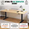 A light wood standing desk with black legs is shown in a room setting, with dimensions and customer reviews displayed as overlays. Náhľad obrázku produktu