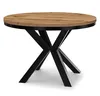A round dining table with a wooden top and black metal legs. Voir les images du produit