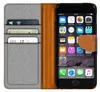 A flip case wallet for an iPhone is shown open, displaying the phone and card slots. Produktbild-Vorschau