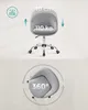 A collage showing a gray office chair from the side and top-down, with text and graphics highlighting its features. Voir les images du produit