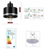 A collage of images showing a black pendant light, electrical wiring diagrams, an energy efficiency label, and mounting hardware. Produktbild-Vorschau