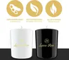 Two candles, one white and one black, are displayed with marketing text and icons above them. Produktbild-Vorschau