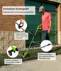 A man is using a green and gray cordless string trimmer in a grassy yard next to a brick building. Produktbild-Vorschau