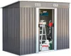 A metal garden shed with its door open, revealing stored tools and equipment. Produktbild-Vorschau