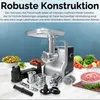 A meat grinder and its accessories are displayed on a marble surface with a blue background. There is also a bowl of salad, sausages, and minced meat. Anteprima dell’immagine prodotto