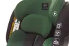 A close-up view of a green car seat, highlighting its features and safety information. Produktbild-Vorschau