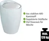 A white stool with a padded seat, next to a list of its features and a weight capacity icon. Produktbild-Vorschau