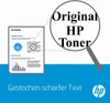 A document with charts is shown magnified by a magnifying glass, highlighting text about HP toner. The bottom section displays the HP logo and text in German. Náhled obrázku produktu