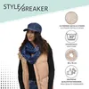 A woman wearing a puffer vest, a cap, and a scarf with metallic stars, with product information graphics on the side. Produktbild-Vorschau
