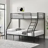 A black metal bunk bed with mattresses and bedding in a room with a large window and a rug. Produktbild-Vorschau