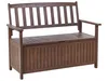A dark brown wooden garden bench with storage, shown from the front. Náhled obrázku produktu