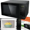 A collage of images showing a black microwave oven, its interior with popcorn, and its control panel. Anteprima dell’immagine prodotto