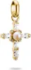 A close-up studio shot of a gold cross charm with a pearl and clear stones. Voir les images du produit