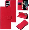 A collage of images showing a red floral flip phone case for a Samsung Galaxy S22 Ultra. Produktbild-Vorschau