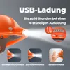Close-up of an orange construction helmet with a light on, showing charging and light mode features. Produktbild-Vorschau