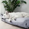 A white dog is sleeping on a gray dog bed next to a potted plant. Produktbild-Vorschau