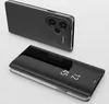 A black smartphone with a clear view flip case is shown on a white background. Produktbild-Vorschau