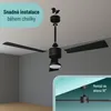 An exploded view of a ceiling fan with text overlays indicating installation ease and mounting angle. Náhled obrázku produktu