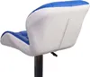 A close-up, side view of a blue and white bar stool. Náhľad obrázku produktu