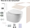 A white wall-mounted toilet with various installation accessories laid out around it, against a white background with abstract light brown shapes suggesting packaging. Náhled obrázku produktu