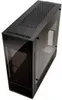 A black computer case with a glass side panel, shown from a diagonal angle against a white background. Produktbild-Vorschau