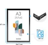 A black A3 photo frame with dimensions and detail callouts. Produktbild-Vorschau